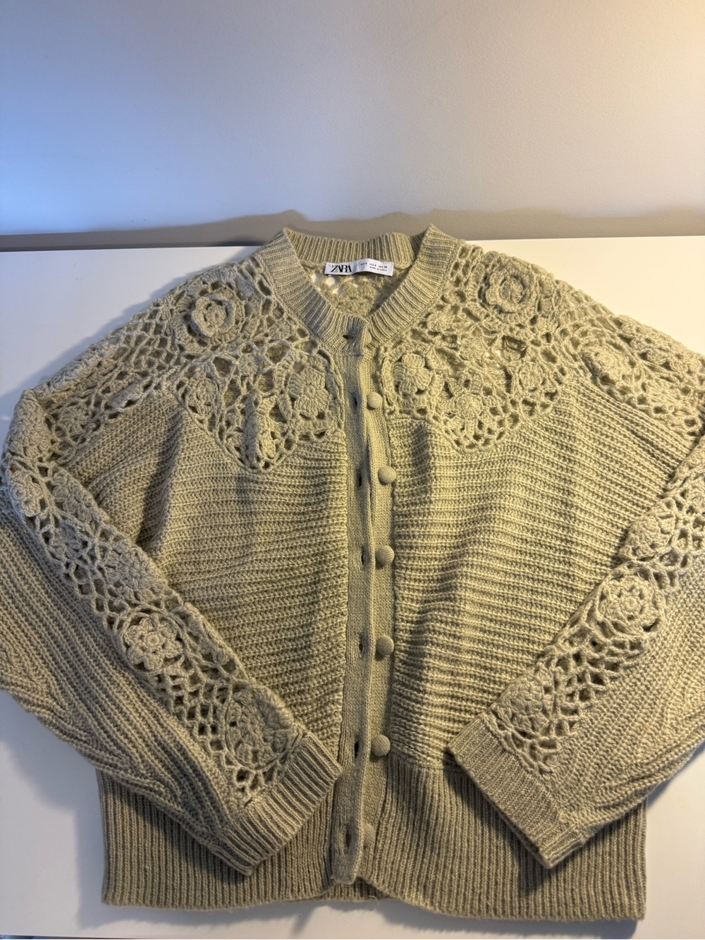 Zara Light green Crochet Yoke Button-Front Cardigan